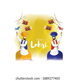 Vector illustration of Happy Lohri celebration concept banner, people dancing and celebrating with drum, Punjabi festival.