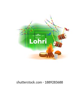 Vector illustration of Happy Lohri celebration concept banner, people dancing and celebrating with drum, Punjabi festival.