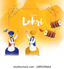 Vector illustration of Happy Lohri celebration concept banner, people dancing and celebrating with drum, Punjabi festival.