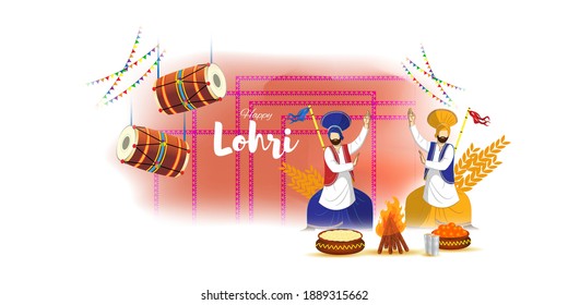 Vector illustration of Happy Lohri celebration concept banner, people dancing and celebrating with drum, Punjabi festival.