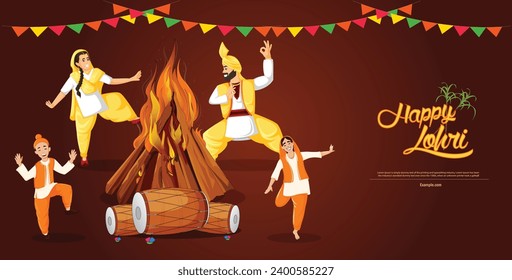 Vector illustration Happy Lohri couples, bonfire and dhol post template