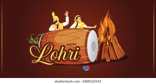 Vector illustration Happy Lohri with dhol and fire editable template
