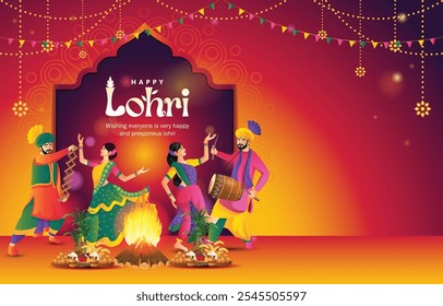 ilustração vetorial do festival Happy Lohri de Punjab Índia fundo com conceito de cor gradiente