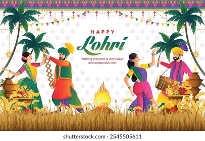 ilustração vetorial do festival Happy Lohri do fundo horizontal do Punjab Índia com conceito de cor gradiente