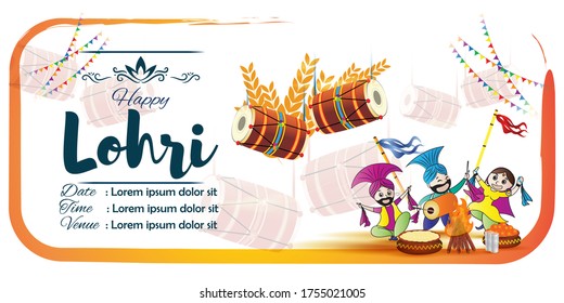 Vector illustration for happy Lohri, Indian punjabi festival with festival theme elements.