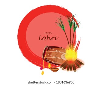 Vector Illustration for Happy Lohri. Indian traditional drum or dholak or dhol and dancing couple