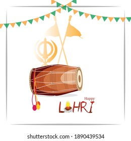 Vector Illustration for Happy Lohri. Indian traditional drum or dholak or dhol and dancing couple