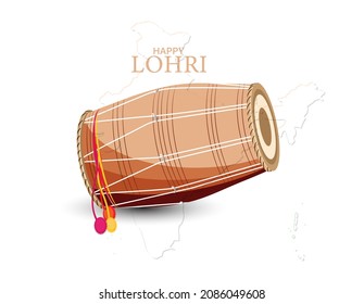 Vector Illustration for Happy Lohri. Indian traditional drum or dholak or dhol. Happy Lohri Festival Sticker.