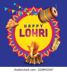 Vector illustration of Happy Lohri or Lohdi Punjabi festival with festival background, decoration and elements