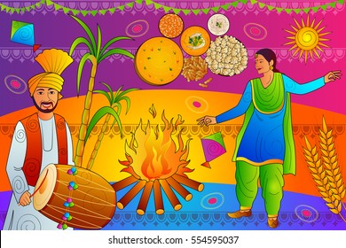 vector illustration of Happy Lohri Punjab festival celebration background