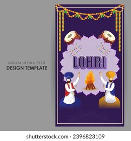 Vector illustration of Happy Lohri social media feed template written hindi text means lohri sikh festival