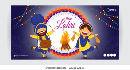 Vector illustration of Happy Lohri social media feed template written hindi text means lohri sikh festival