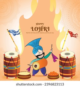 Vector illustration of Happy Lohri social media feed template written hindi text means lohri sikh festival