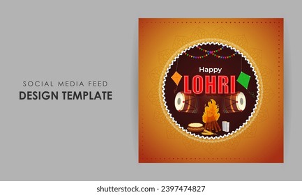 Vector illustration of Happy Lohri social media feed template written hindi text means lohri sikh festival