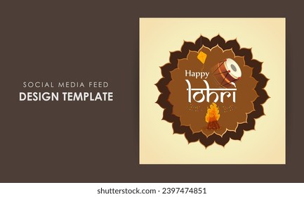 Vector illustration of Happy Lohri social media feed template written hindi text means lohri sikh festival