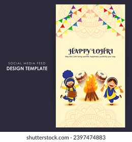 Vector illustration of Happy Lohri social media feed template written hindi text means lohri sikh festival