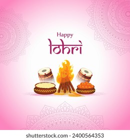 Vector illustration of Happy Lohri social media feed template written hindi text means lohri sikh festival