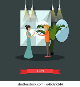 Vector illustration of happy loving couple. Young man giving a gift in jewelry box to his girlfriend. Flat style design.