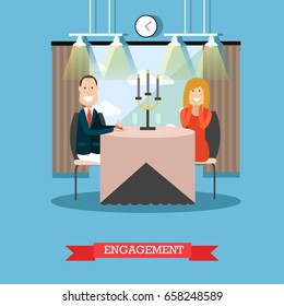 Vector illustration of happy loving couple having dinner at restaurant. Man making proposal to lady and presenting engagement ring. Engagement concept flat style design element.