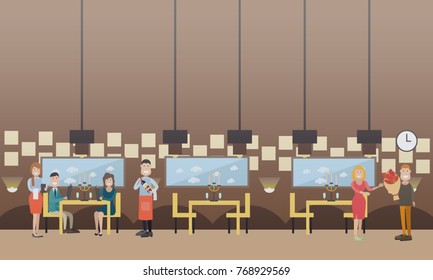 Vector illustration of happy loving couples having dinner at restaurant, waiter serving wine and waitress taking order. Romantic date concept flat style design elements.