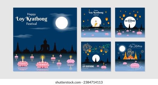 Vector illustration of Happy Loy Krathong social media feed template