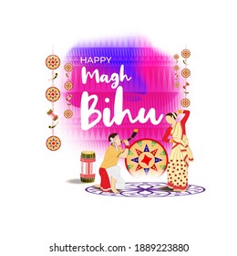 Vector illustration of Happy Magh Bihu, Assamese New Year, Indian traditional festival, Harvest festival of Assam.