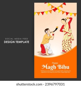 Vector illustration of Happy Magh Bihu social media feed template, written Hindi text means magh bihu asami festival 