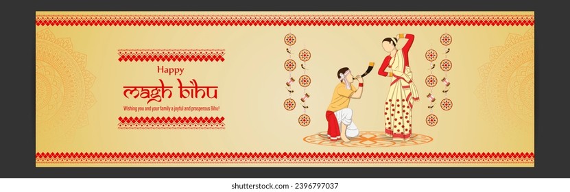 Vector illustration of Happy Magh Bihu social media feed template, written Hindi text means magh bihu asami festival 