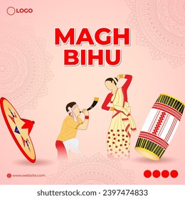 Ilustración vectorial de la plantilla de medios sociales Happy Magh Bihu, texto escrito en hindi significa festival magh bihu asami 