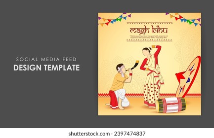 Vector illustration of Happy Magh Bihu social media feed template, written Hindi text means magh bihu asami festival 