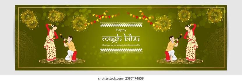 Vector illustration of Happy Magh Bihu social media feed template, written Hindi text means magh bihu asami festival 