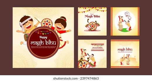 Vector illustration of Happy Magh Bihu social media feed template, written Hindi text means magh bihu asami festival 