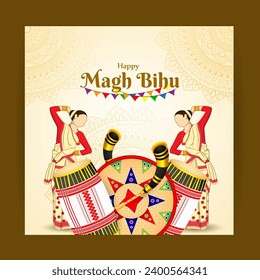 Vector illustration of Happy Magh Bihu social media feed template, written Hindi text means magh bihu asami festival 