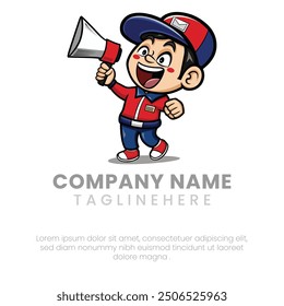 Vector illustration of a happy mail boy wearing a cap holding a megaphone smiling mascot, sticker, logo