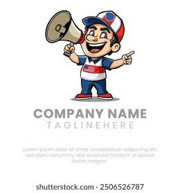  Vector illustration of a happy mail boy wearing a cap holding a megaphone and lifting his one finger of left hand up mascot, sticker, logo