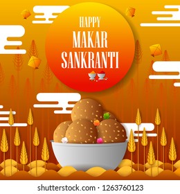 vector illustration of Happy Makar Sankranti holiday India festival sale and promotion background