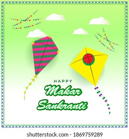 Vector illustration of Happy Makar Sankranti Festival banner with colorful kites and clouds in background, Indian festival.