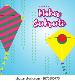 Vektorgrafik von Happy Makar Sankranti Festival Banner mit bunten Drachen und Mustern im Hintergrund, indisches Festival.