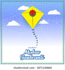 Imagen vectorial del cartel del Festival Happy Makar Sankranti con coloridas cometas y nubes de fondo, festival indio.
