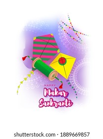 Vector illustration of Happy Makar Sankranti Festival banner with colorful kites and patterns in background, Indian festival, Hindu festive background concept