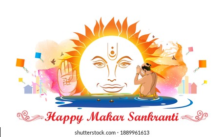 Vector Illustration Of Happy Makar Sankranti, Kite Flying Festival And Kumbh Mela