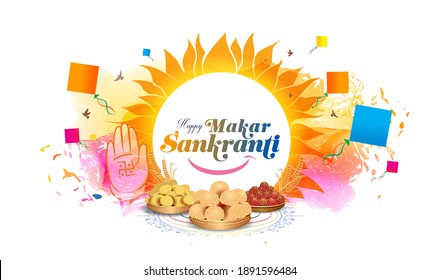 Vector illustration of Happy Makar Sankranti typography with background, kite flying festival, celebration and kumbh mela