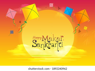 Vector illustration of Happy Makar Sankranti festival background with typography kite flying festival, celebration and kumbh mela