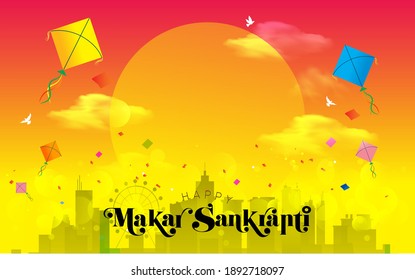 Vector illustration of Happy Makar Sankranti festival background with typography kite flying festival, celebration and kumbh mela
