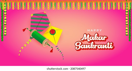Vector illustration of Happy Makar Sankranti Indian Festival banner with colorful kites