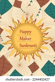 Vector illustration of Happy Makar Sankranti greeting card. myrtle green, brown sugar color kites, maize crayola color sun with mandal art decorated on dutch white background. Indian festival.