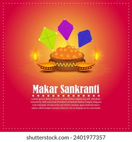 Vector illustration of Happy Makar Sankranti social media feed template written hindi text means makar sankranti