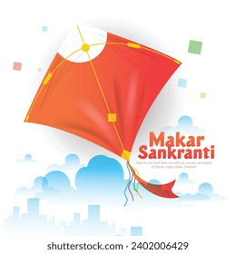 vector illustration Happy Makar Sankranti with colorful kites flying cloudy sky, background