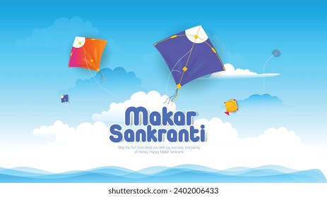 Vektorgrafik Happy Makar Sankranti mit bunten Drachen, die bewölkten Himmel, Hintergrund