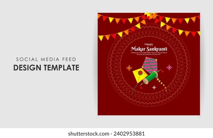 Vector illustration of Happy Makar Sankranti social media feed template written hindi text means makar sankranti